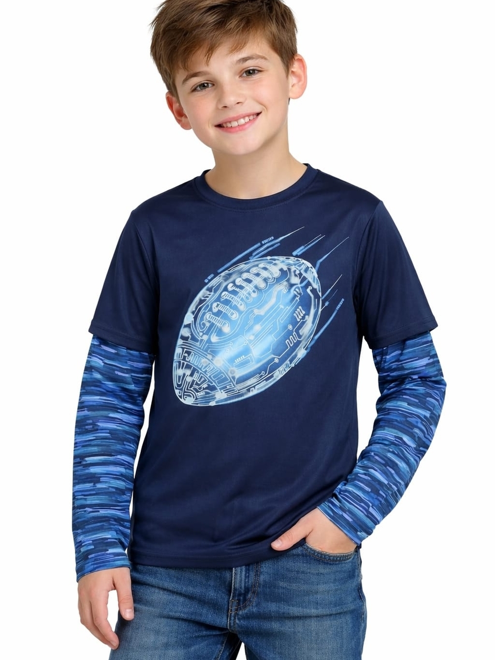 Boys Athletic Works Performance Tee L 10-12 Blue Football Graphic Long Sleeve
